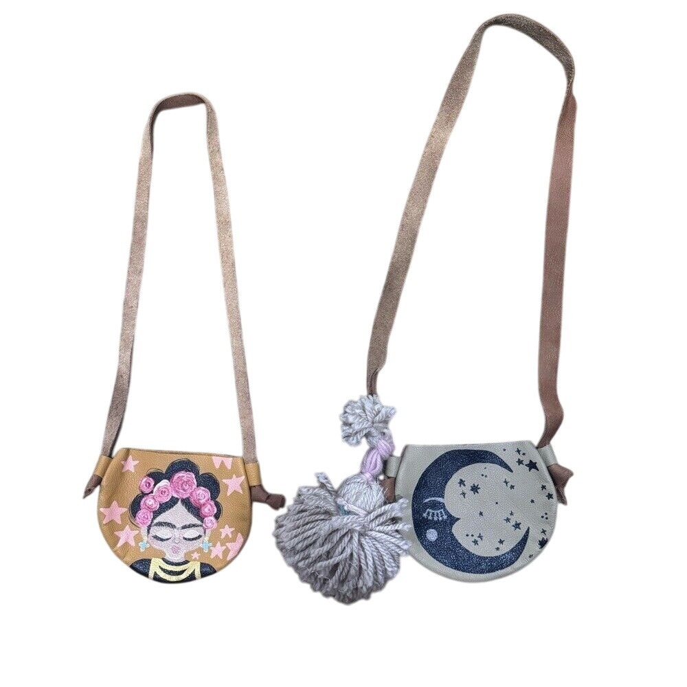 Kids leather Embroidered Crossbody Bags - Tan and Cream